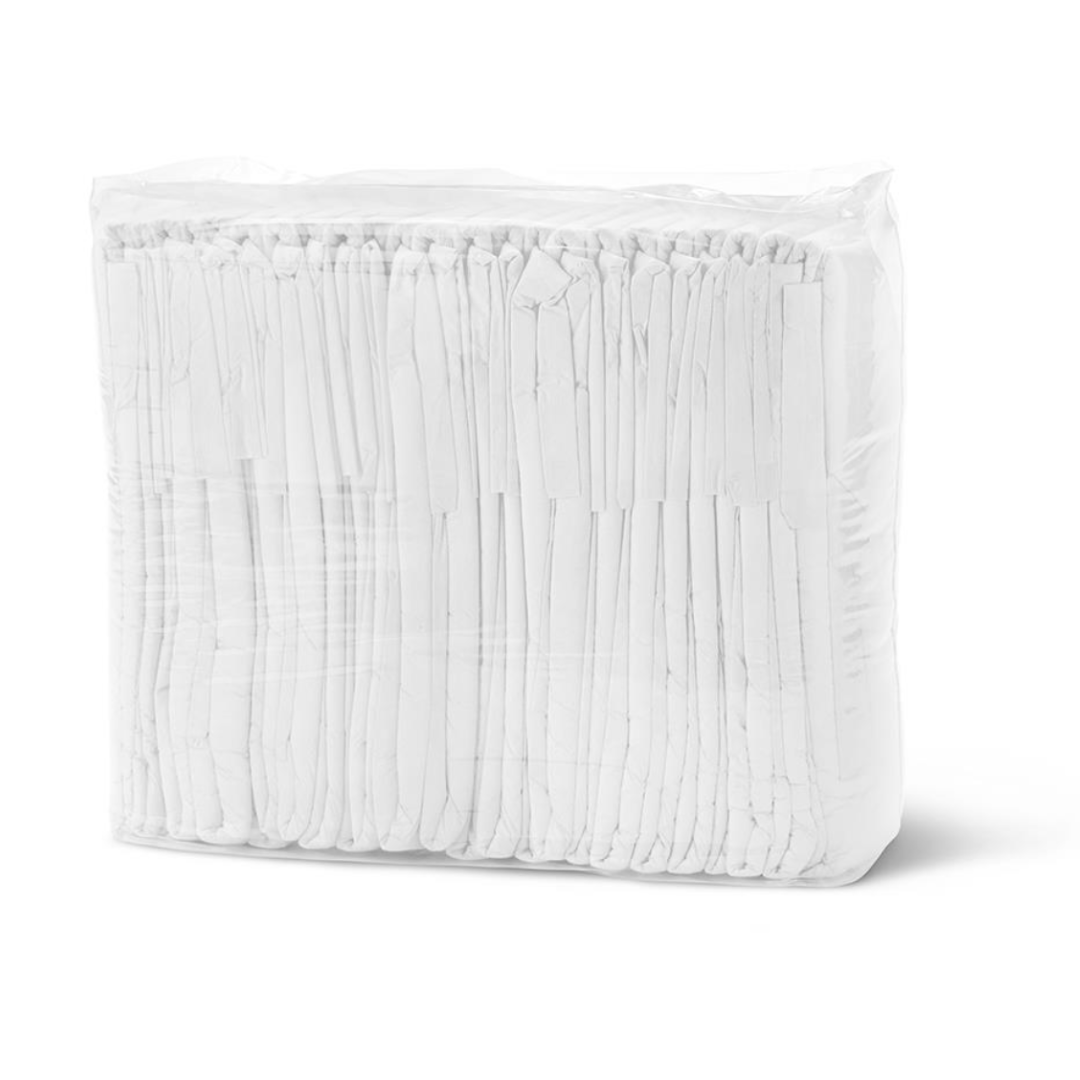 A transparent plastic package holds vertically stacked FitRight Unisex Essential Incontinence Briefs, featuring a textured surface in white for moderate absorbency. They are tightly packed and designed for effective odor control.