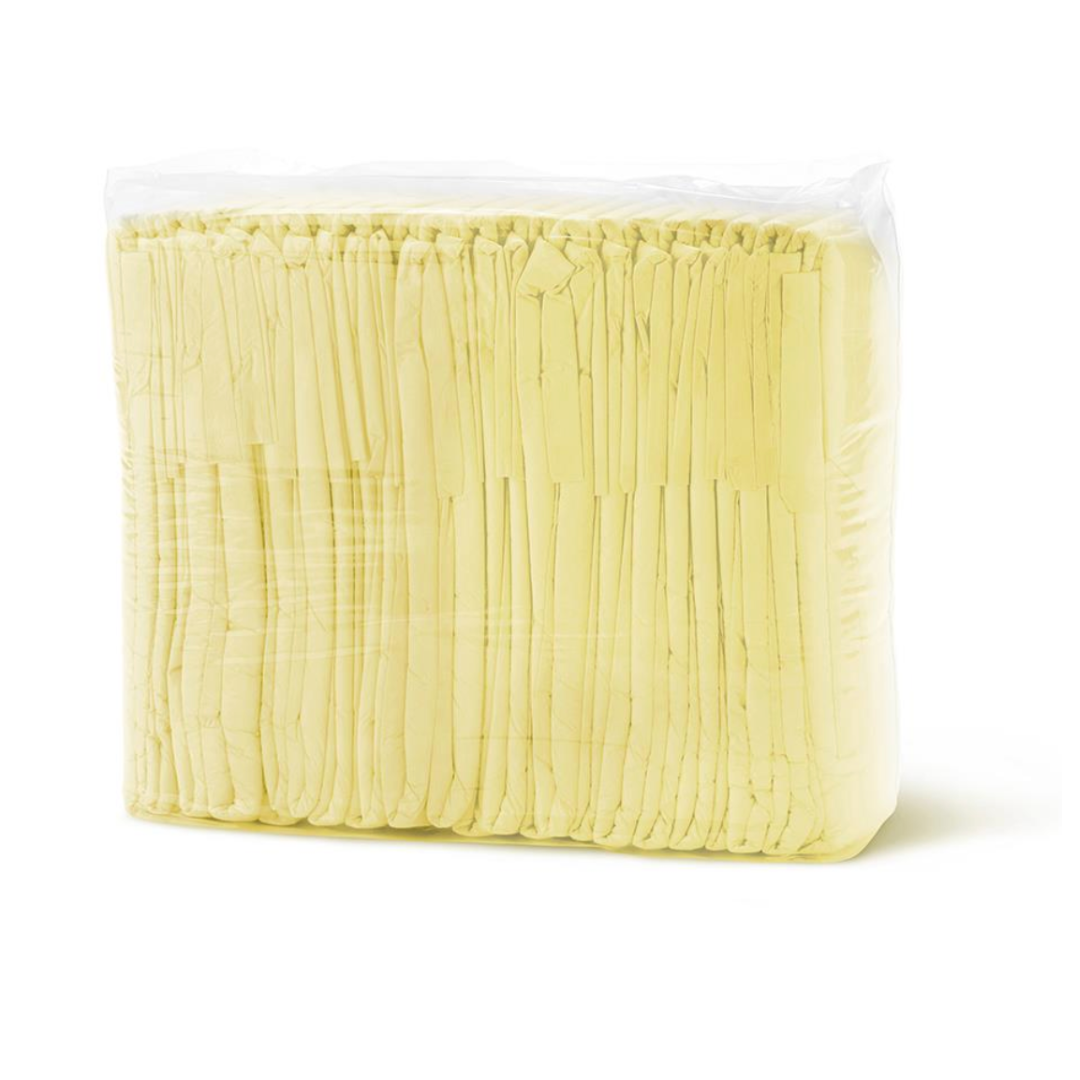 A clear plastic package holds several pairs of yellow latex gloves, stacked and visible through transparent wrapping, perfect for incontinence tasks with FitRight Unisex Essential Incontinence Briefs - Moderate Absorbency.