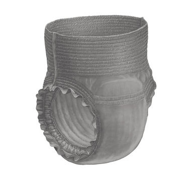 Angled gray-scale illustration of FitRight ActivEdge Underwear for Men, showcasing its texture with a detailed focus on the elastic waistband and leg gathers, ensuring a comfortable fit.