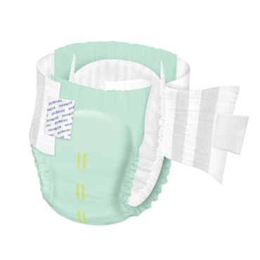 Illustration of FitRight Stretch Ultra Incontinence Briefs. The light green briefs feature stretchy side panels, elastic leg gathers, and a grey-striped center tab for enhanced absorbency. Text and arrows highlight the products features for optimal performance.