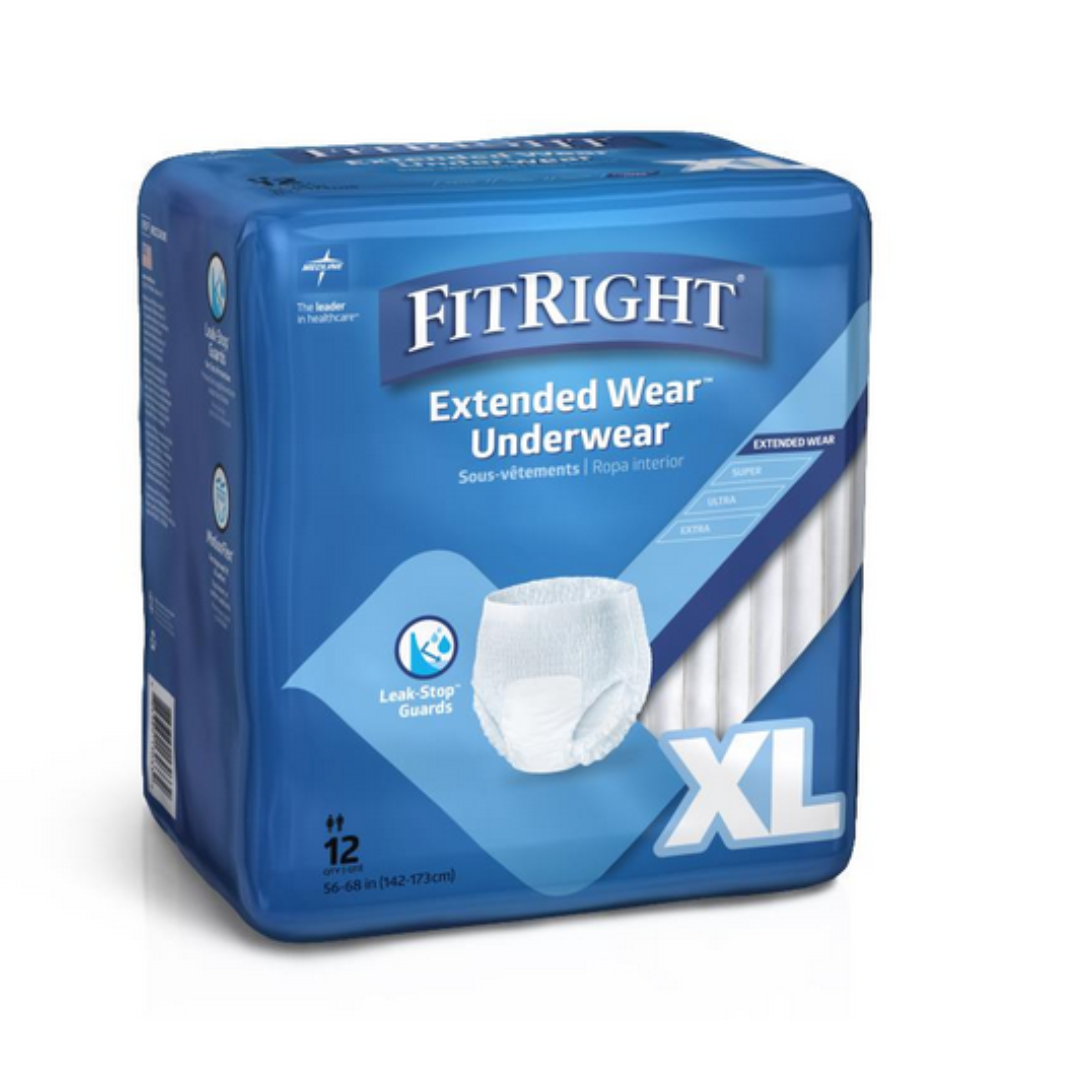 A 12-count package of extra-large FitRight Extended Wear Overnight Protective Pull-Up Underwear. The blue package with white text features an image of the product and highlights a super absorbent core and anti-leak guards.