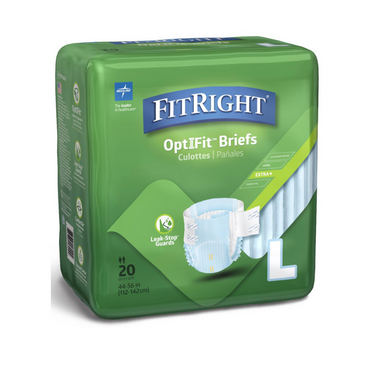 The FitRight Unisex Plus Incontinence Briefs in size L, with adjustable tab closures and leg-stop guards, fit snugly from 44-56 inches (112-142 cm). The green pack contains 20 Extra+ briefs designed for heavy absorbency.