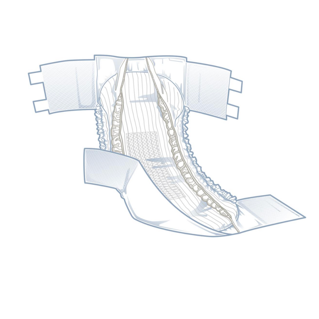 An illustration of the FitRight Unisex Plus Incontinence Briefs reveals layers and sections, highlighting heavy absorbency materials, elastic leg cuffs, and adjustable tab closures to demonstrate its fit and function.
