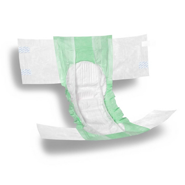 The FitRight Unisex Ultra Incontinence Briefs feature a green and white design, lie flat and open, and offer Maximum absorbency with 4D Core technology. They include adhesive tabs on the side wings for secure waist fastening.