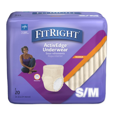 The purple packaging of FitRight Ultra Womens Incontinence Underwear, size S/M, with a smiling woman sitting cross-legged, highlights the absorbent core and anti-leak guards. It contains 20 items.