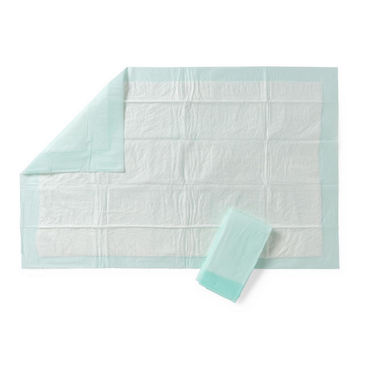 The image displays a Medline FitRight Underpad with waterproof backing laid flat, one corner folded to show its absorbent and odor-control layers. A second folded Medline FitRight Underpad is nearby.