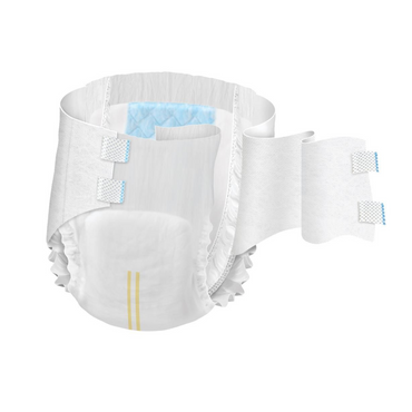 The FitRight 5XL Unisex Cloth-Like Adult Briefs have a white outer with blue inner padding, an absorbent core, adjustable side tabs, and elastic leg openings. Featuring a yellow vertical wetness indicator for easy monitoring; they are designed for overnight absorbency.