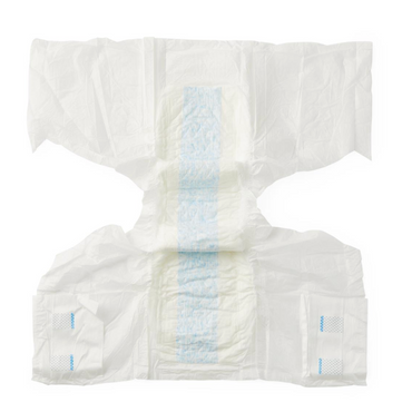 A hospital-grade FitRight 4XL Unisex Cloth-Like Adult Brief is shown unfolded on a white background, highlighting its absorbent core and adhesive tabs for fastening. A central blue strip indicates the area of maximum absorbency.