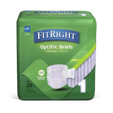 The image displays a green package of FitRight Extra Stretch Unisex Briefs, size 1, suitable for 30-52 inch waists. It emphasizes the EasyFlex Stretch feature and moderate absorbency. The package contains 20 briefs.