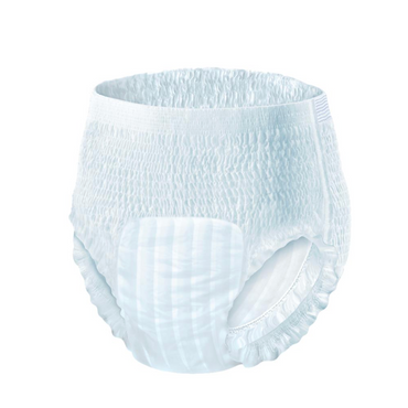 The image shows FitRight Unisex Ultra Adult Pull-Up Underwear with a white design, elastic waistband, and stretchy leg openings for a snug fit. Its ultra-absorbent core and soft surface ensure moderate absorbency. The diaper stands upright against a pristine white background.