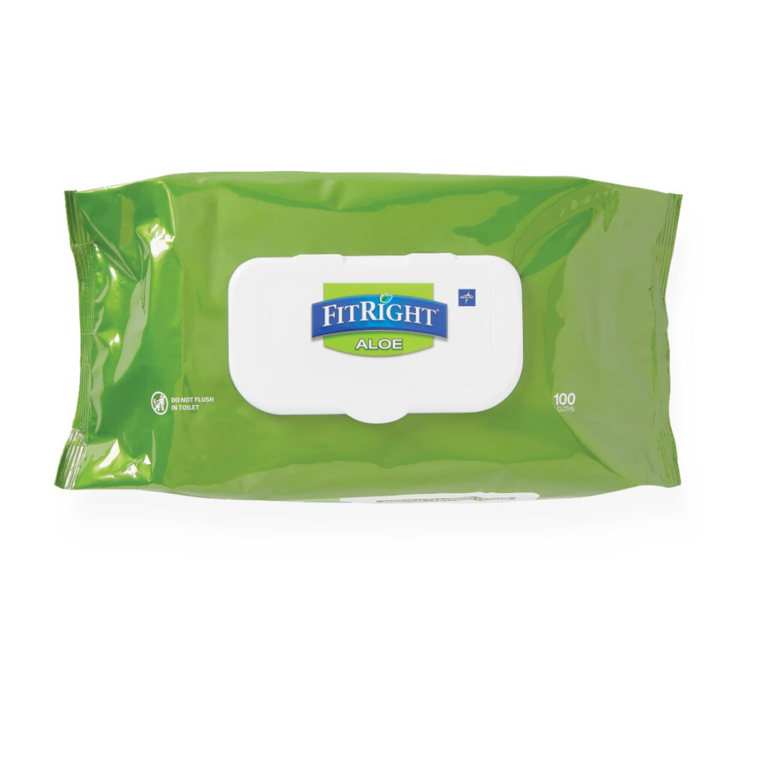 A green package of FitRight Aloe Scented Wet Wipes with a white flip-top lid contains 100 pH-balanced, hypoallergenic wipes labeled with the FitRight Aloe logo for gentle, effective cleansing.