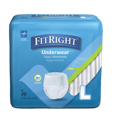 The FitRight Unisex Extra Adult Pull-Up Underwear, size L, comes in blue packaging with the FitRight and Sensisoft logos. It includes 20 ultra-absorbent pieces and highlights innovative 4D Core technology with multi-language text and a product image.