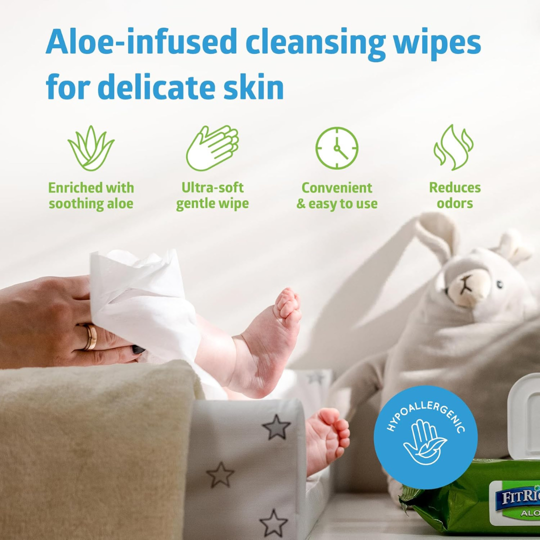 A parent gently wipes a baby’s feet with FitRight Aloe Quilted XL Personal Cleansing Wipes—soothing aloe, ultra-soft, easy to use, hypoallergenic, and odor-reducing—ideal for sensitive skin. A stuffed bunny sits beside the pack.