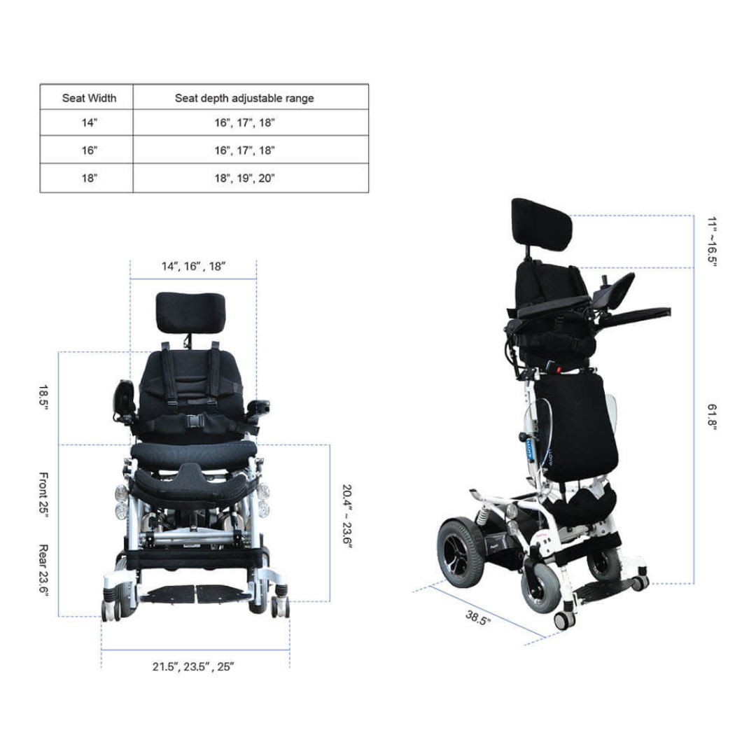 Two views of the Foldawheel Lloyd Draco Advanced Standing Power Wheelchair in black, showing footrest, headrest, armrests, and labeled measurements for seat width, seat depth, overall height, length, and width.