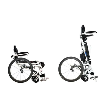 The Foldawheel Lloyd Pegasus Semi-Powered Standing Wheelchair is shown open and folded, highlighting its compact, foldable design and powered sit-to-stand feature—ideal for users with limited strength.