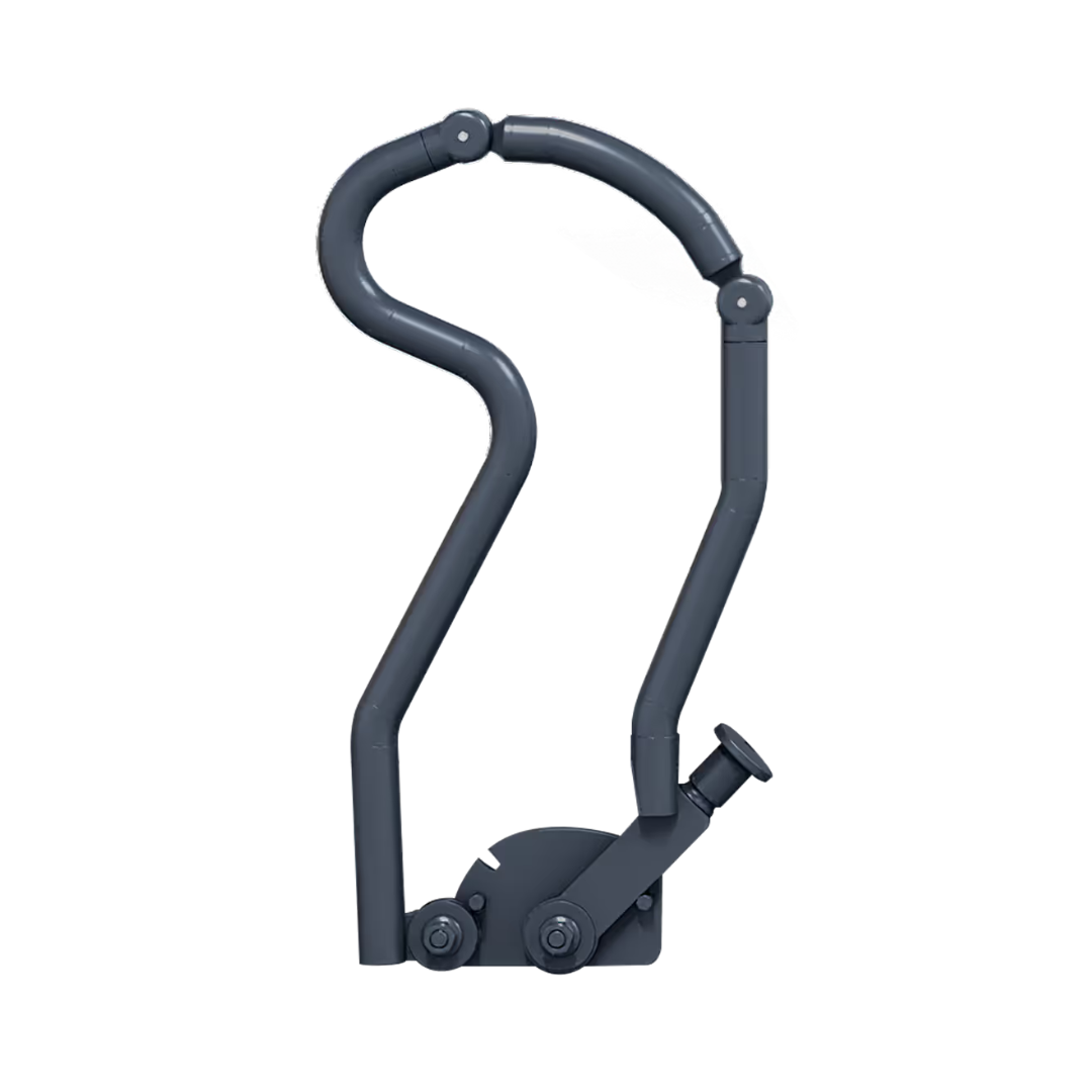 A pair of dark gray, curved metal Folding Assist Bars with joints and a base for the Accora Contesa Bed, designed for transfers or bed mobility, shown against a white background.