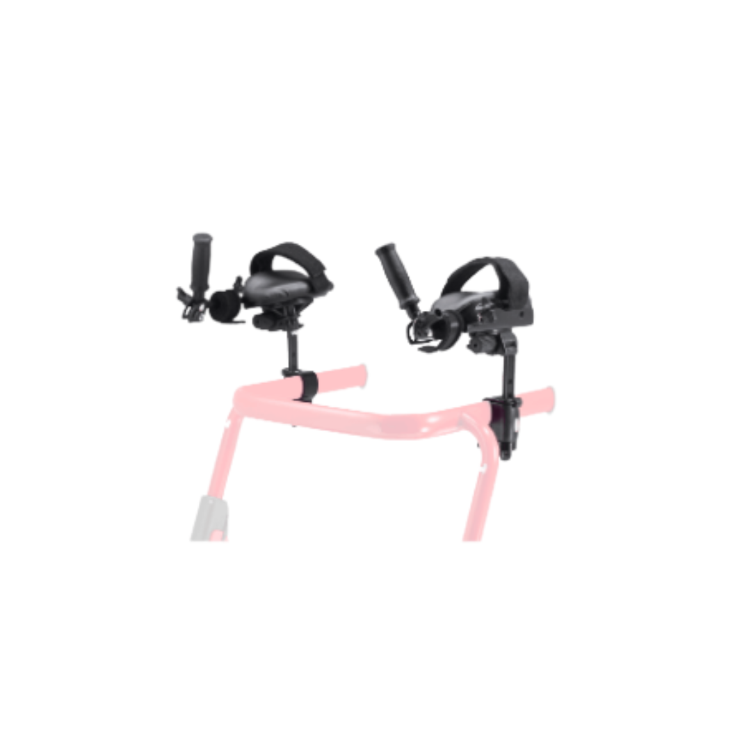 Two black Forearm Platforms For Pivot Gait Trainer are mounted on the handles of a light pink gait trainer, providing support for walking and balance. The product is shown against a plain white background.