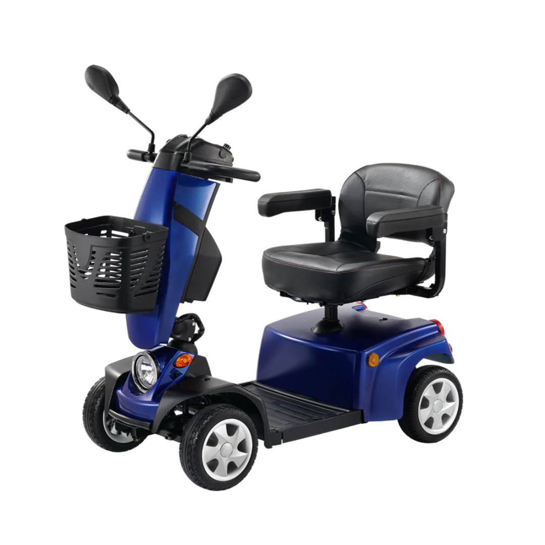 The FreeRider FR1 City Heavy Duty Mobility Scooter in blue, featuring 4 wheels, a black seat with armrests, front basket, mirrors, and headlights, is displayed against a white background.
