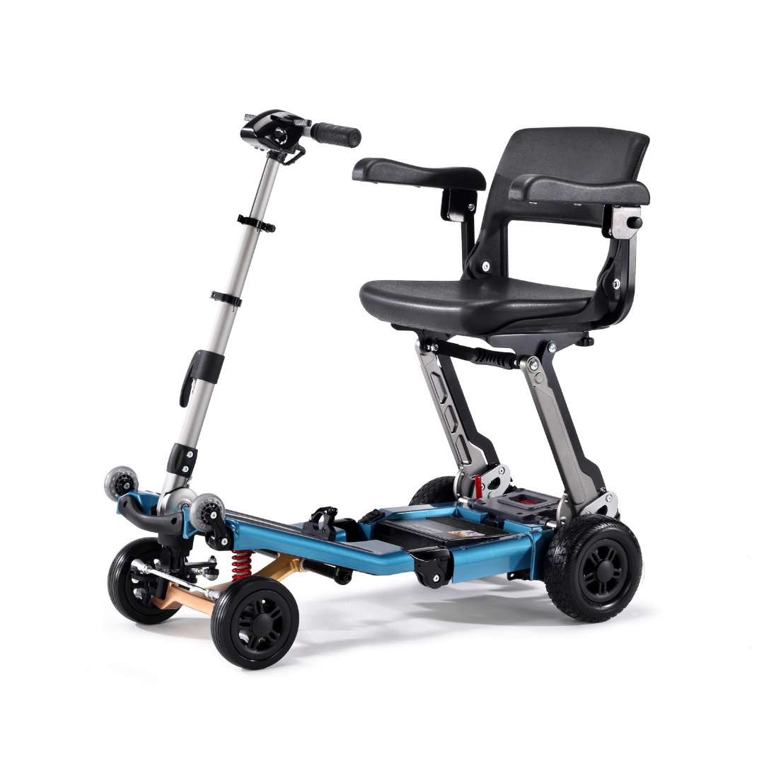 The FreeRider Luggie Super Plus 4 Travel Scooter is a compact, foldable mobility scooter with a black seat, armrests, blue frame, four small wheels, and an adjustable handlebar for everyday freedom and easy transport.