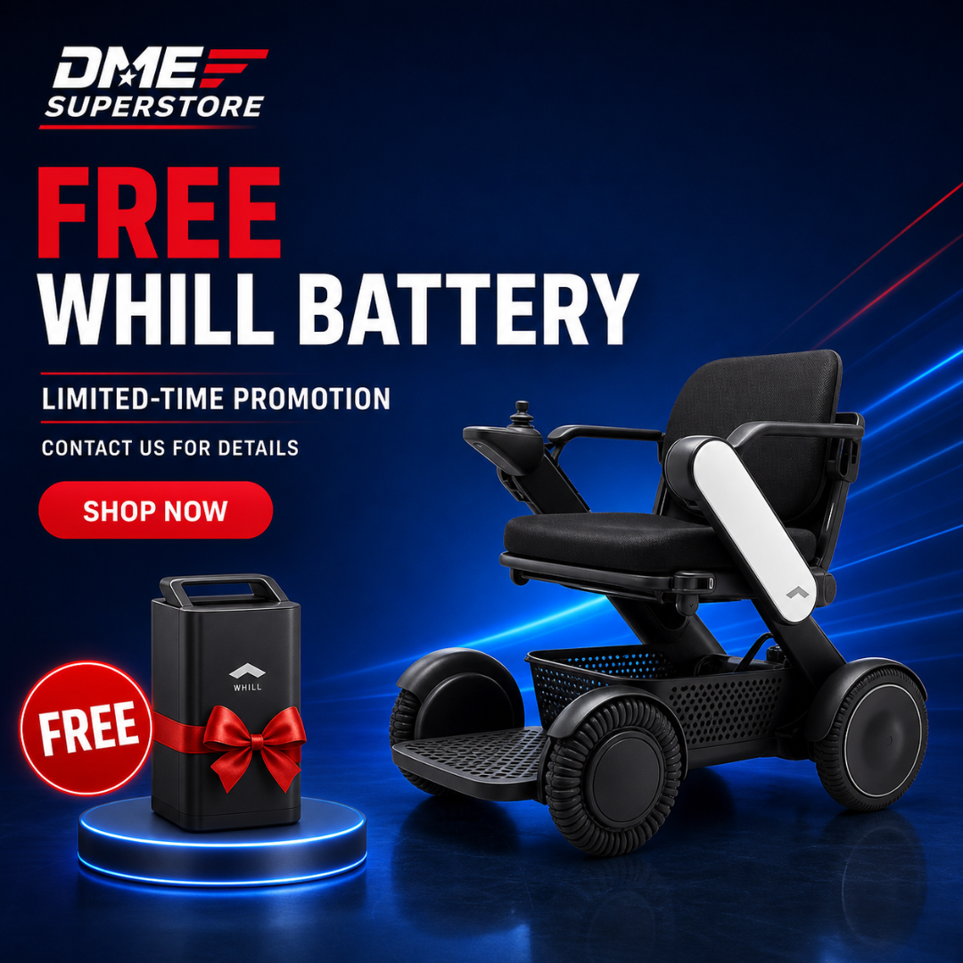 Promotional ad for DME Superstore featuring an electric wheelchair and the text “FREE Extra Whill Battery” alongside a “SHOP NOW” button on a blue background. A spare Extra Whill Battery with a red bow and a FREE label is shown next to the wheelchair.