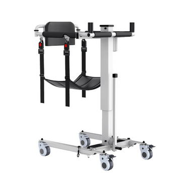 The Freedom EveryLift Powered Sling Seat Patient Lift - Portable features a sturdy metal frame, wheeled base, padded support, sling seat, and adjustable straps to aid in handling and transferring individuals with mobility challenges.