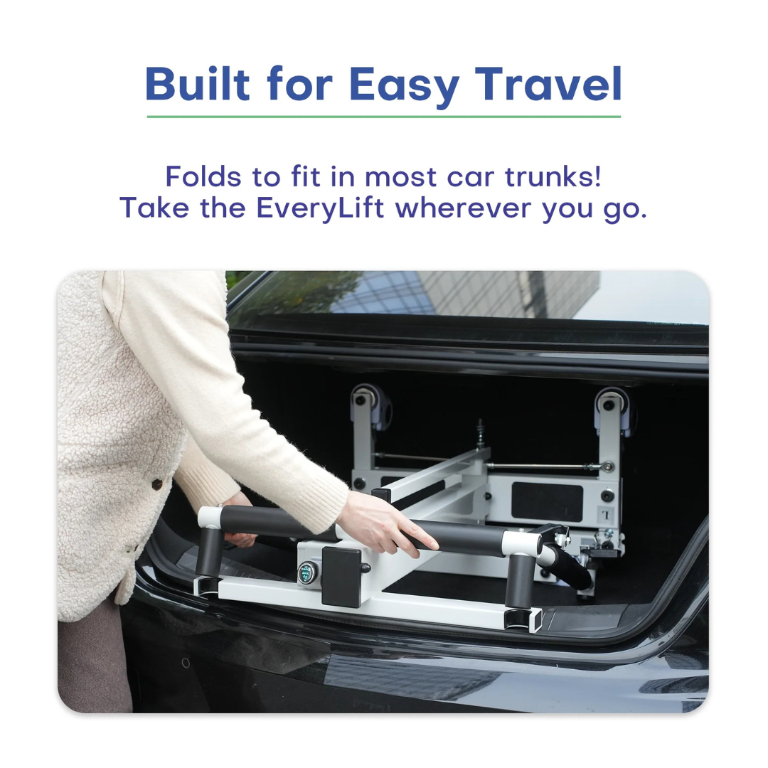 A person places a folded Freedom EveryLift Powered Sling Seat Patient Lift — Portable into a car trunk. Text above reads: Built for Easy Travel. Folds to fit in most car trunks for easy patient handling anywhere you go!.