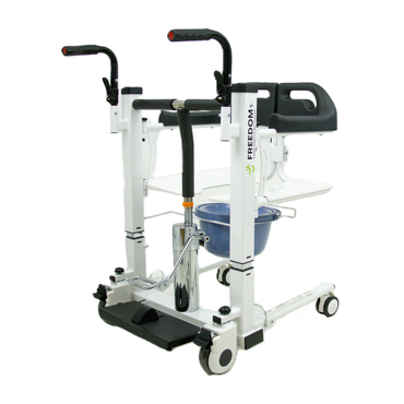 The Freedom Boost Patient Transfer Lift – Sling Free Transfers is a white hydraulic mobility aid with handlebars, seat, footrests, wheels, and a blue removable commode bucket. FREEDOM branding appears on its side.