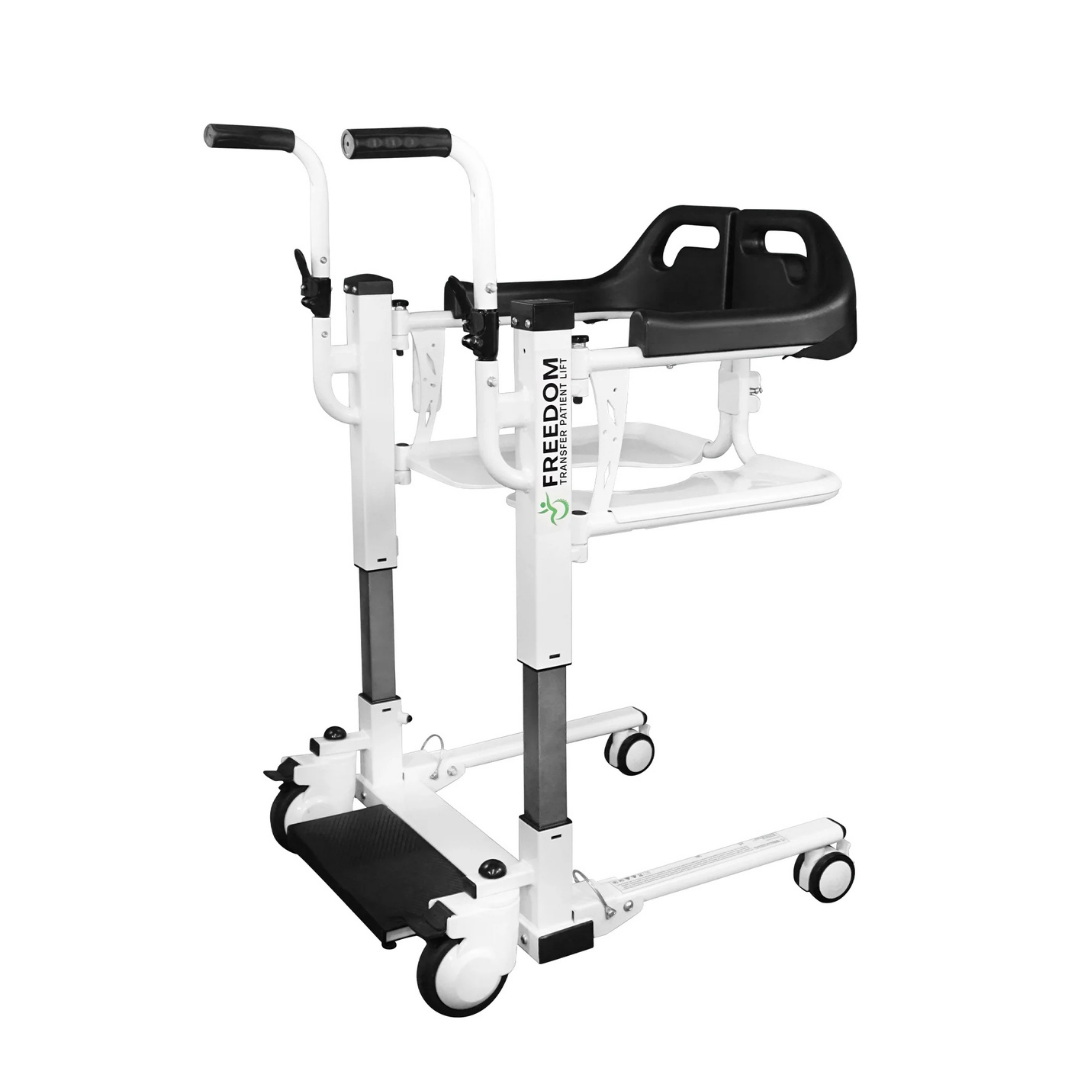 The Freedom Electric Mobile Transfer Patient Lift enables sling-free patient transfers with a padded seat, backrest openings, footrests, and four wheels—providing comfortable and secure mobility assistance.