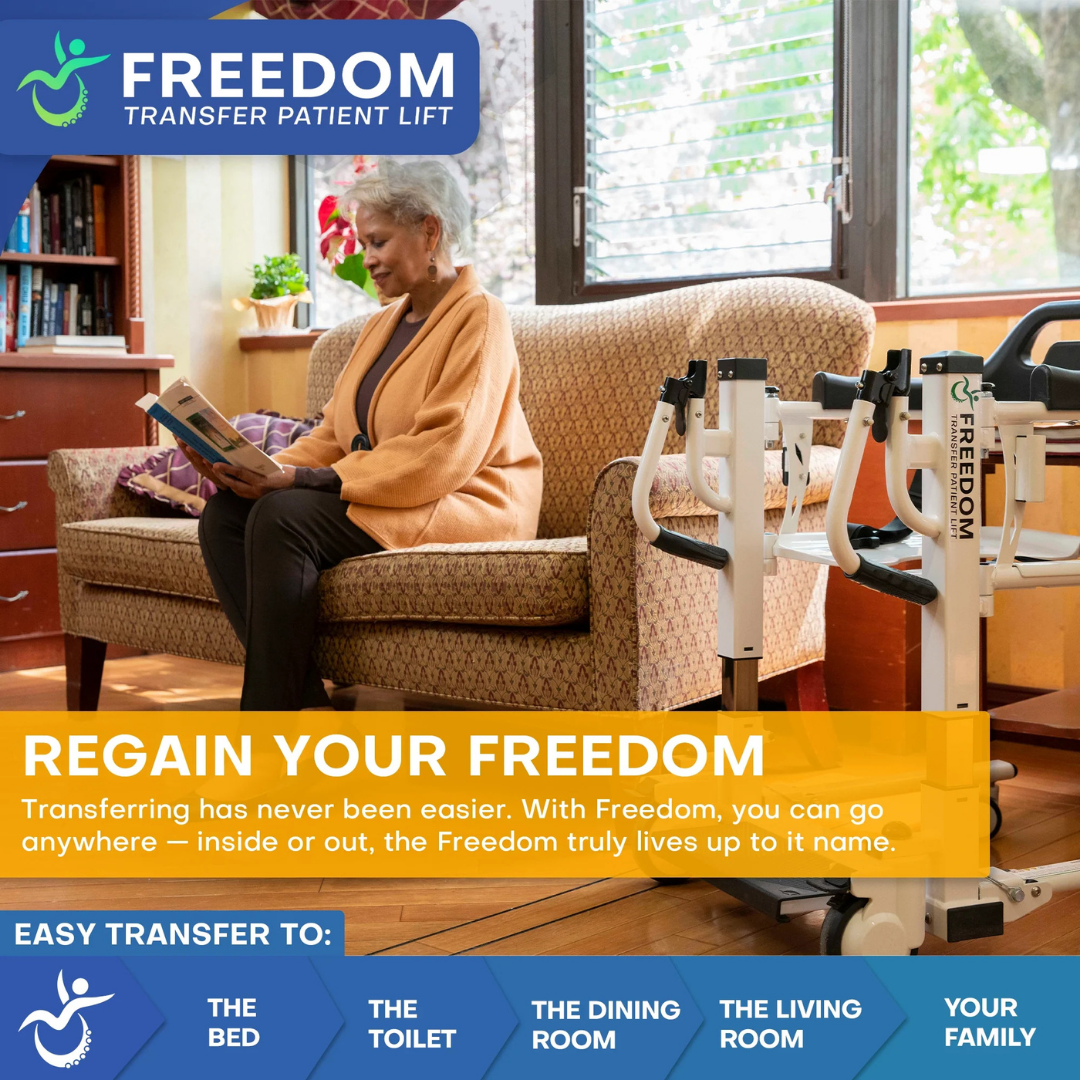 An elderly woman sits on a sofa reading, smiling. Beside her is the Freedom Electric Mobile Transfer Patient Lift, enabling easy, sling-free transfers to bed, toilet, dining room, or living room for comfortable mobility with family assistance.