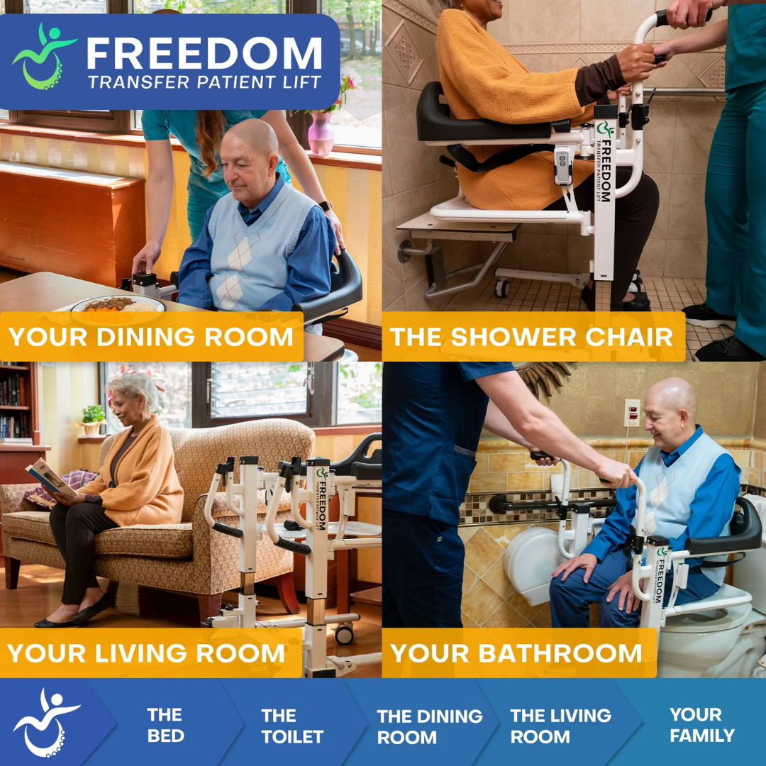 A collage shows an elderly man using the Freedom Electric Mobile Transfer Patient Lift - Sling Free Transfers in a dining room, on a shower chair, in the living room, and bathroom, with text labeling each use to highlight this portable mobility solution at home.