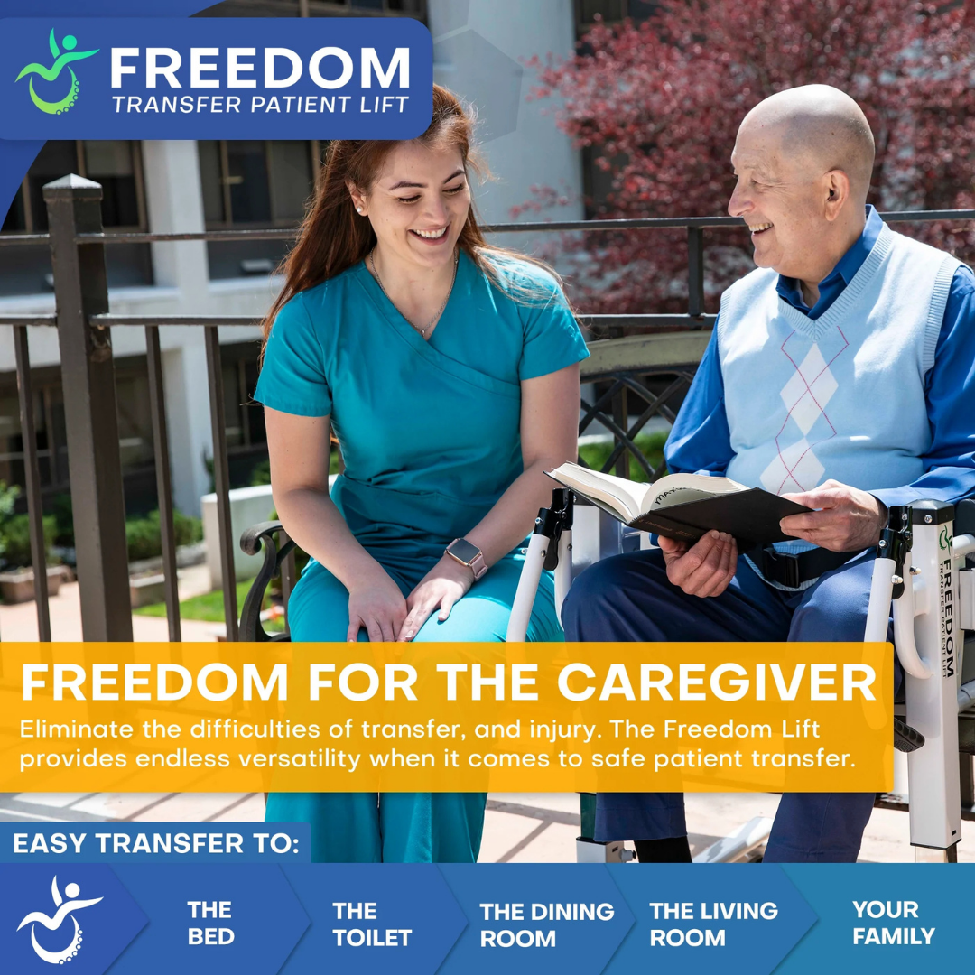 A smiling caregiver and an elderly man in a wheelchair sit outdoors, talking and holding a book. Text highlights the Freedom Electric Mobile Transfer Patient Lift—sling-free transfers for safer, easier mobility assistance with family.