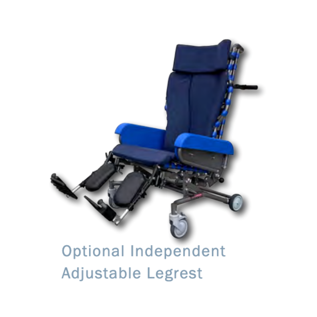 The Med-Mizer FLEXTILT Reclining Transfer Chair in blue and black offers mobility support and an optional independent adjustable leg rest, shown on a white background. Text reads: Optional Independent Adjustable Legrest.