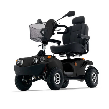 The Freerider FR GDX Heavy Duty Scooter is a black, four-wheel mobility scooter featuring a padded seat, armrests, headrest, front basket, and handlebars, designed for outdoor comfort with double wishbone suspension.