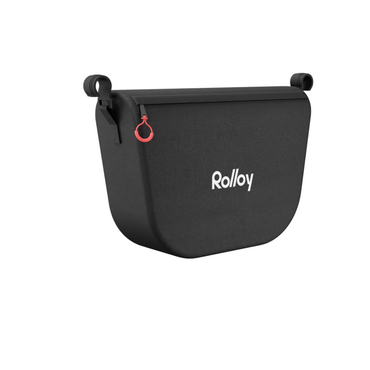 The Front Storage Bag for Rolley 4-Wheel Rollators is black and rectangular with a rounded bottom, white Rolley logo on the front, and a zippered top left corner with red ring pull—perfect for mobility aid storage.