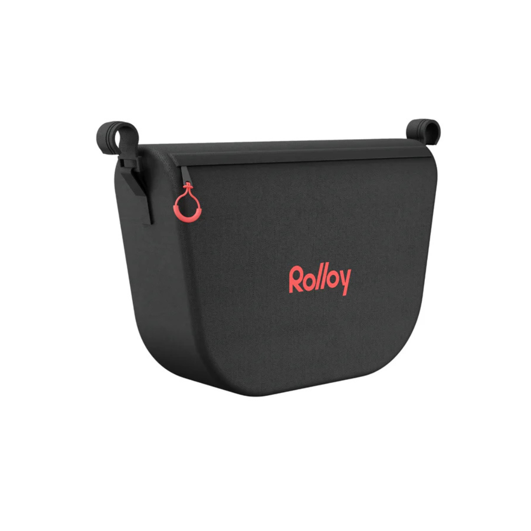 The Front Storage Bag For Rolloy 4-Wheel Rollators is a black fabric bag with a red zipper pull and red Rolloy logo on the front, shown against a white background.