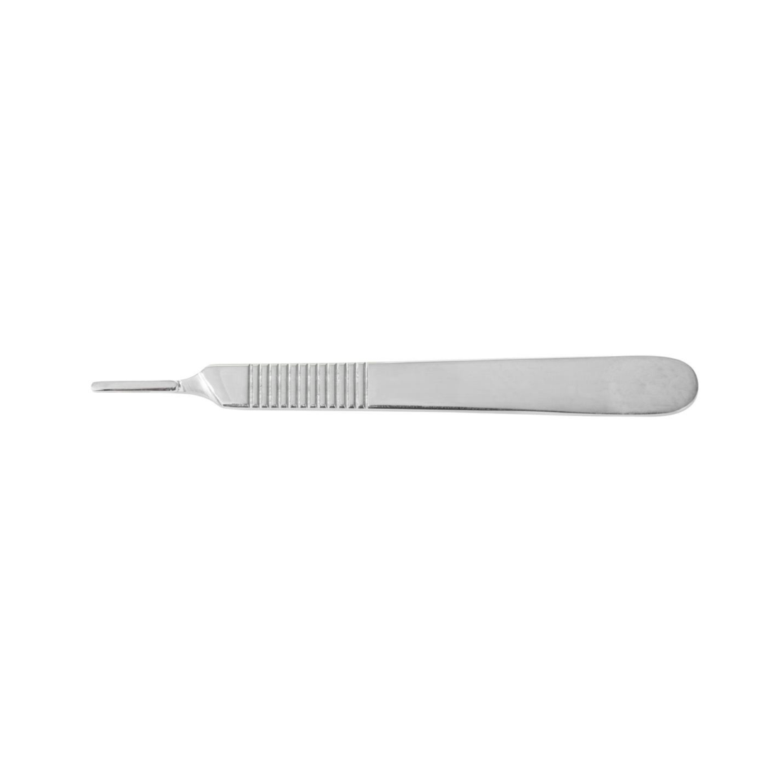 A Medline Fürst Knife Scalpel Handle with a stainless steel, textured grip and pointed blade is displayed against a white background, highlighting its durability.