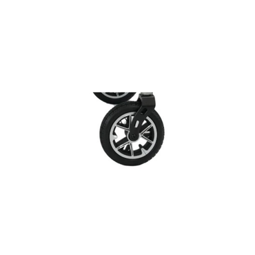 Close-up of two black stroller wheels with silver spokes against a white background—Replacement Parts for Forcemech G10 Powerchair.