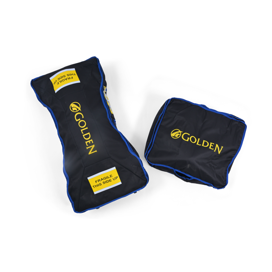 Two black and blue Protective Travel Bags for the Golden GB220 Buzzaround Carry-On Scooter, both with yellow GOLDEN logos: a larger, bone-shaped FRAGILE and DO NOT CRUSH bag and a smaller rectangular bag.