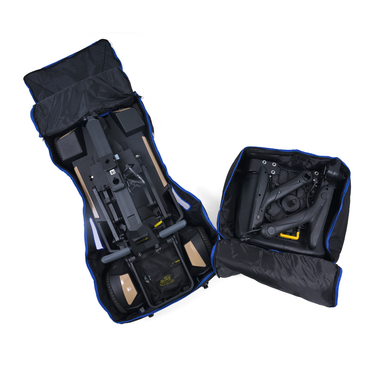 Two black Protective Travel Bags for the Golden GB220 Buzzaround Carry-On Scooter are open, showing neatly packed scooter parts and accessories inside against a white background—perfect for convenient transport.
