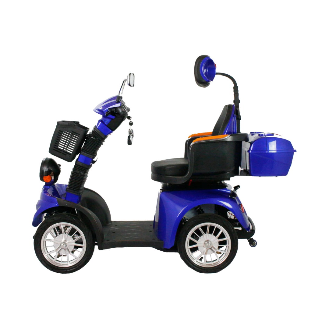 The GIO Tron Pro, a blue 4-wheel mobility scooter with smart seat technology, high-back seat, rearview mirror, front basket, and rear storage box, is displayed side view on a white background.