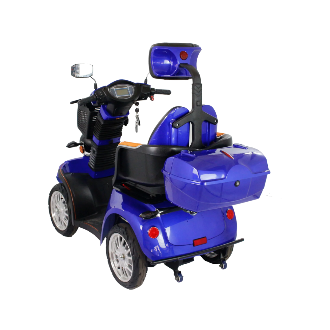 The GIO Tron Pro, a blue 4-wheel mobility scooter with backrest, rearview mirrors, and rear storage compartment, is shown from the rear on a white background.