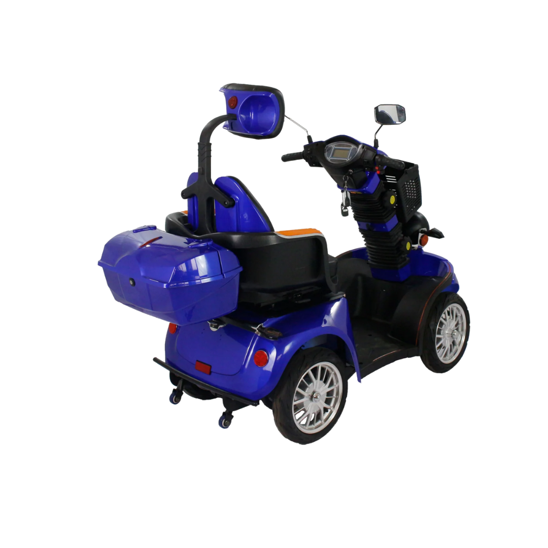 The GIO Tron Pro, a blue four-wheeled mobility scooter with enhanced 4-wheel stability, rear storage box, mirrors, and black seat, is displayed against a white background.