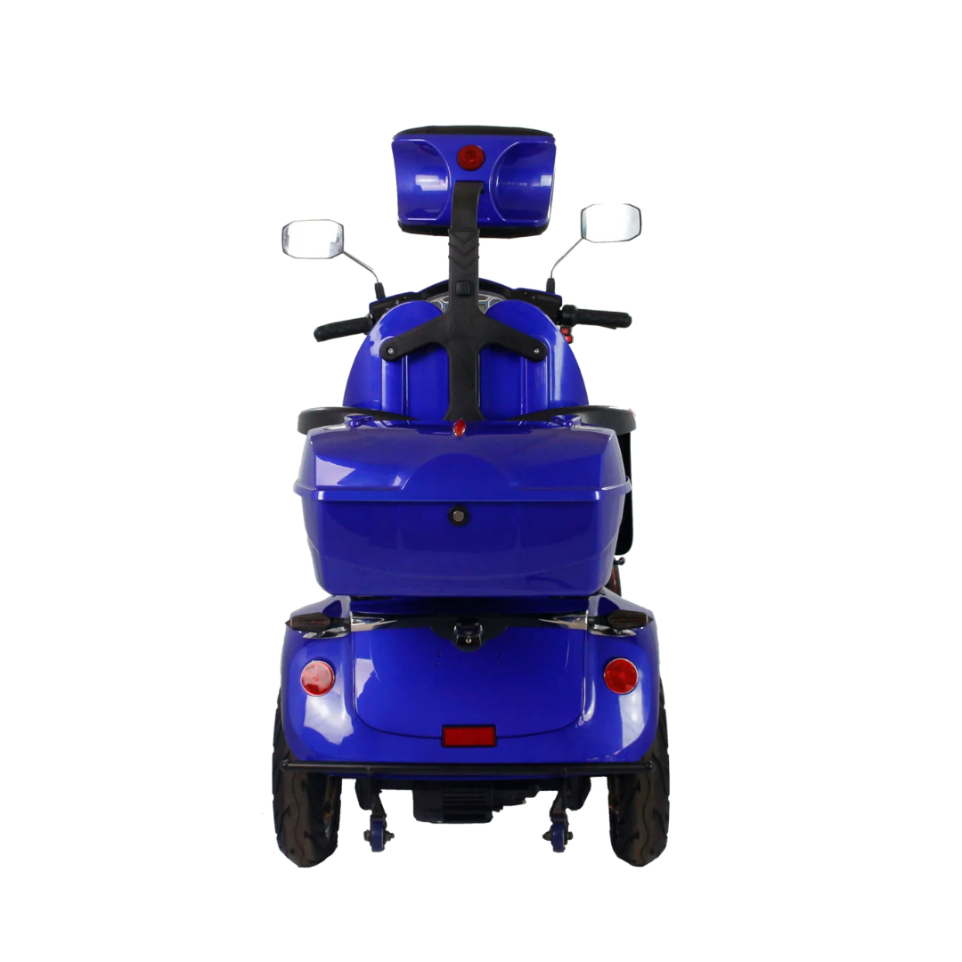 Rear view of the GIO Tron Pro blue mobility scooter with 4-wheel stability, storage compartment, dual side mirrors, and large rear wheels, isolated on a white background.