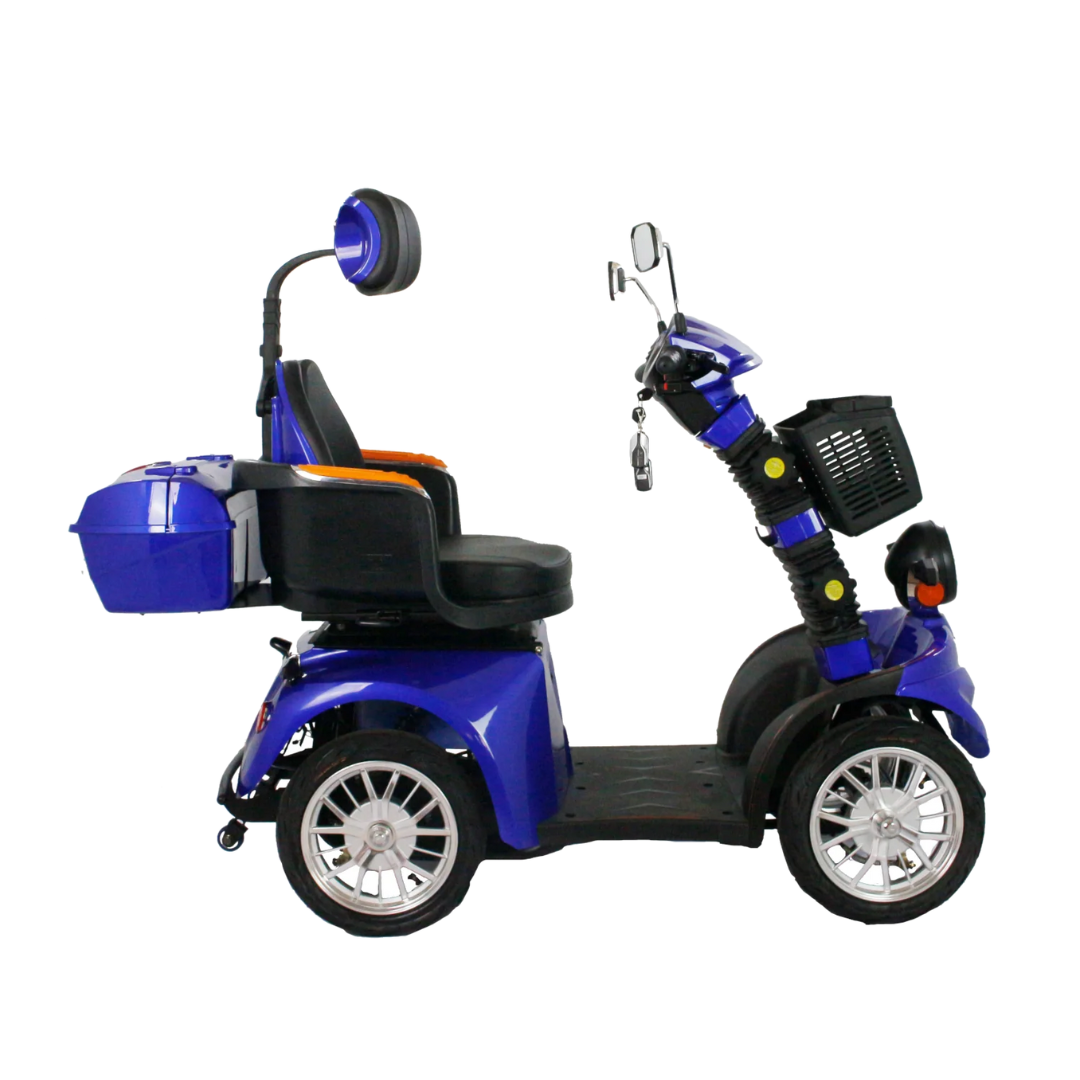 The GIO Tron Pro is a blue, four-wheeled mobility scooter with 4-wheel stability, a black high-back smart seat, front basket, and rear storage box, shown in side view on a white background.
