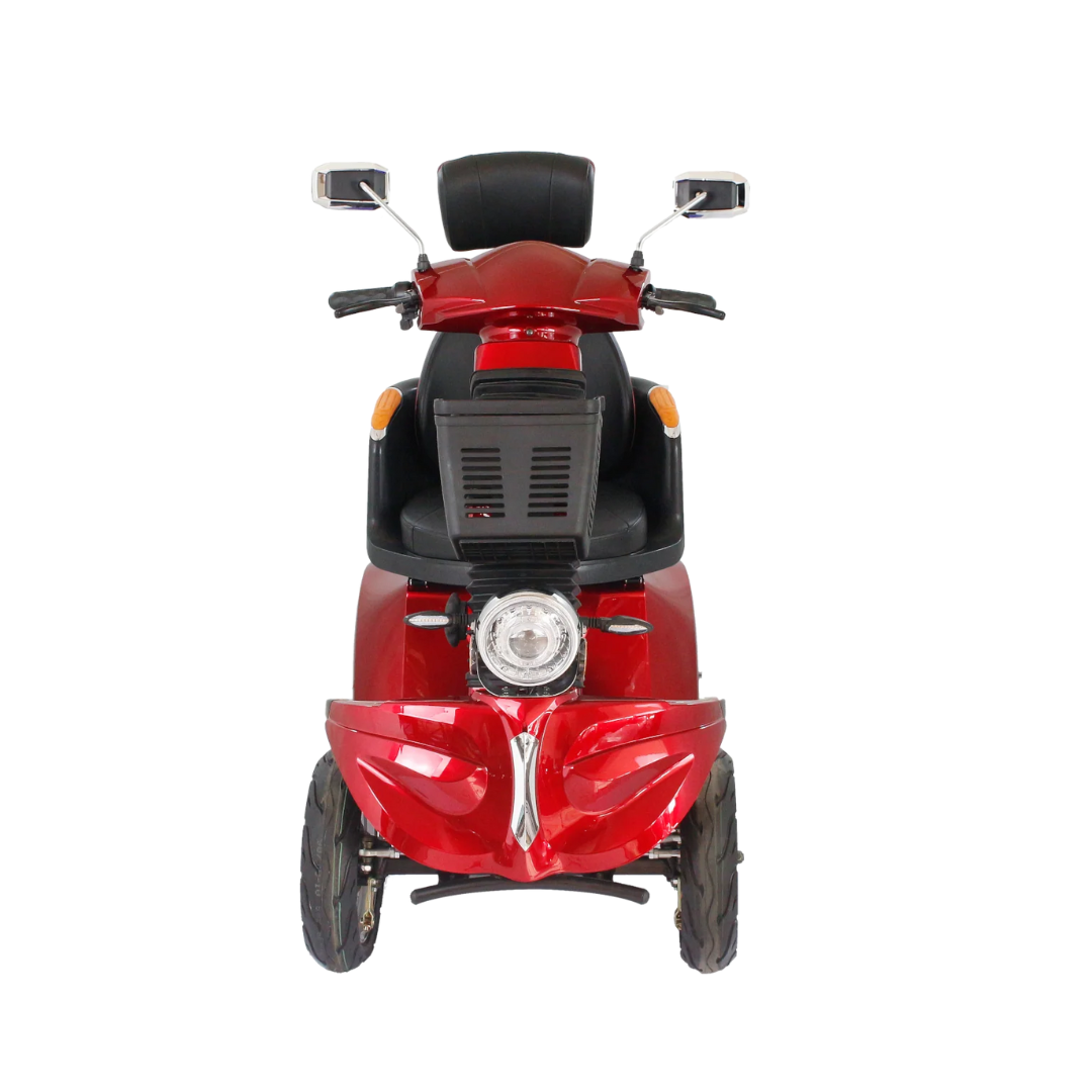 Front view of the GIO Tron Pro red mobility scooter with smart seat technology, three wheels, rearview mirrors, headlight, and black seat, isolated on a white background.
