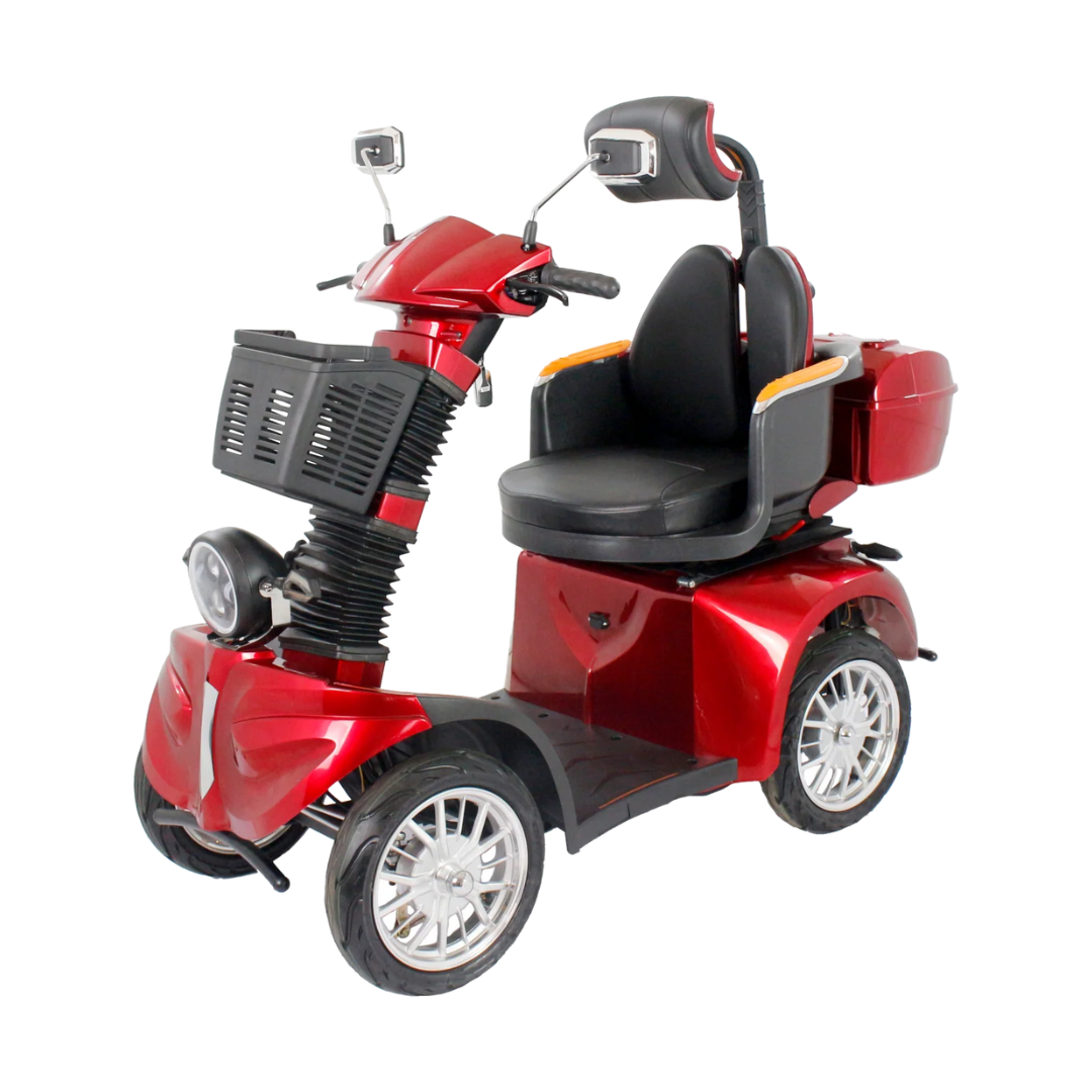 The GIO Tron Pro, a red 4-wheel mobility scooter, features a cushioned smart seat with headrest, side mirrors, front basket, and rear storage box; displayed on a white background.