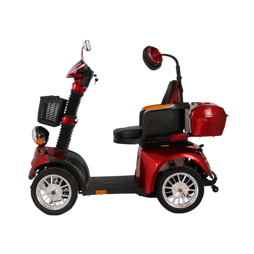 The GIO Tron Pro is a red 4-wheel mobility scooter featuring black smart seat technology, a backrest, front basket, and rear storage compartment, displayed from the side against a white background.