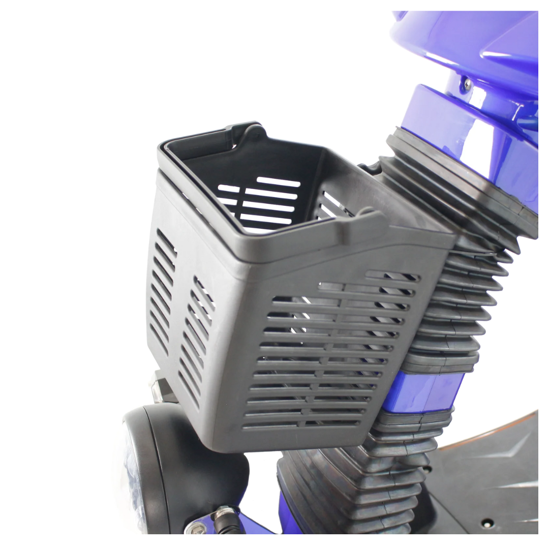 A close-up of the black plastic basket on the GIO Tron Pro blue mobility scooter highlights its handlebar, headlight, and stable 4-wheel design.