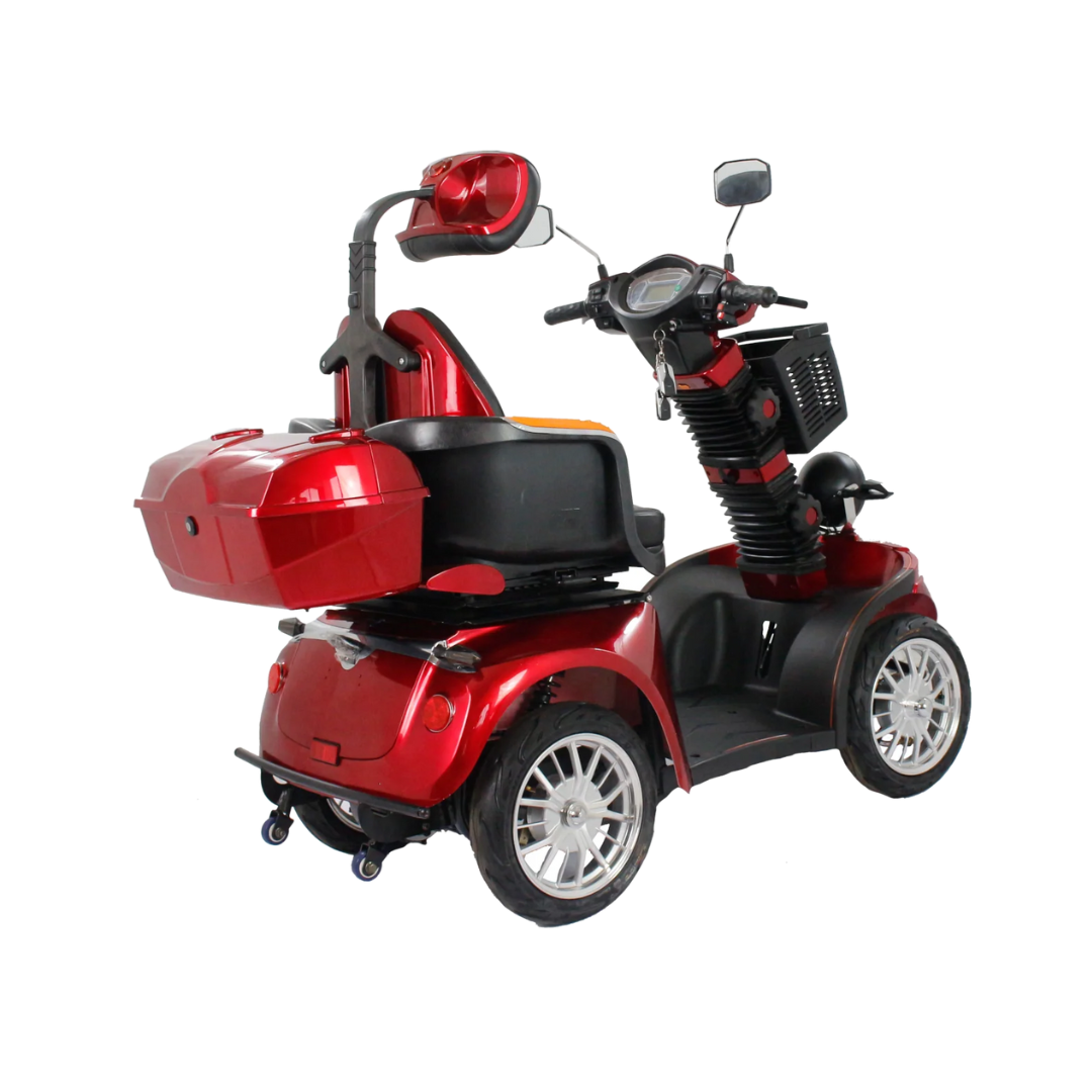 The GIO Tron Pro is a red 4-wheel mobility scooter with rear storage, mirrors, and a padded adjustable seat with armrests for excellent stability, shown against a white background.