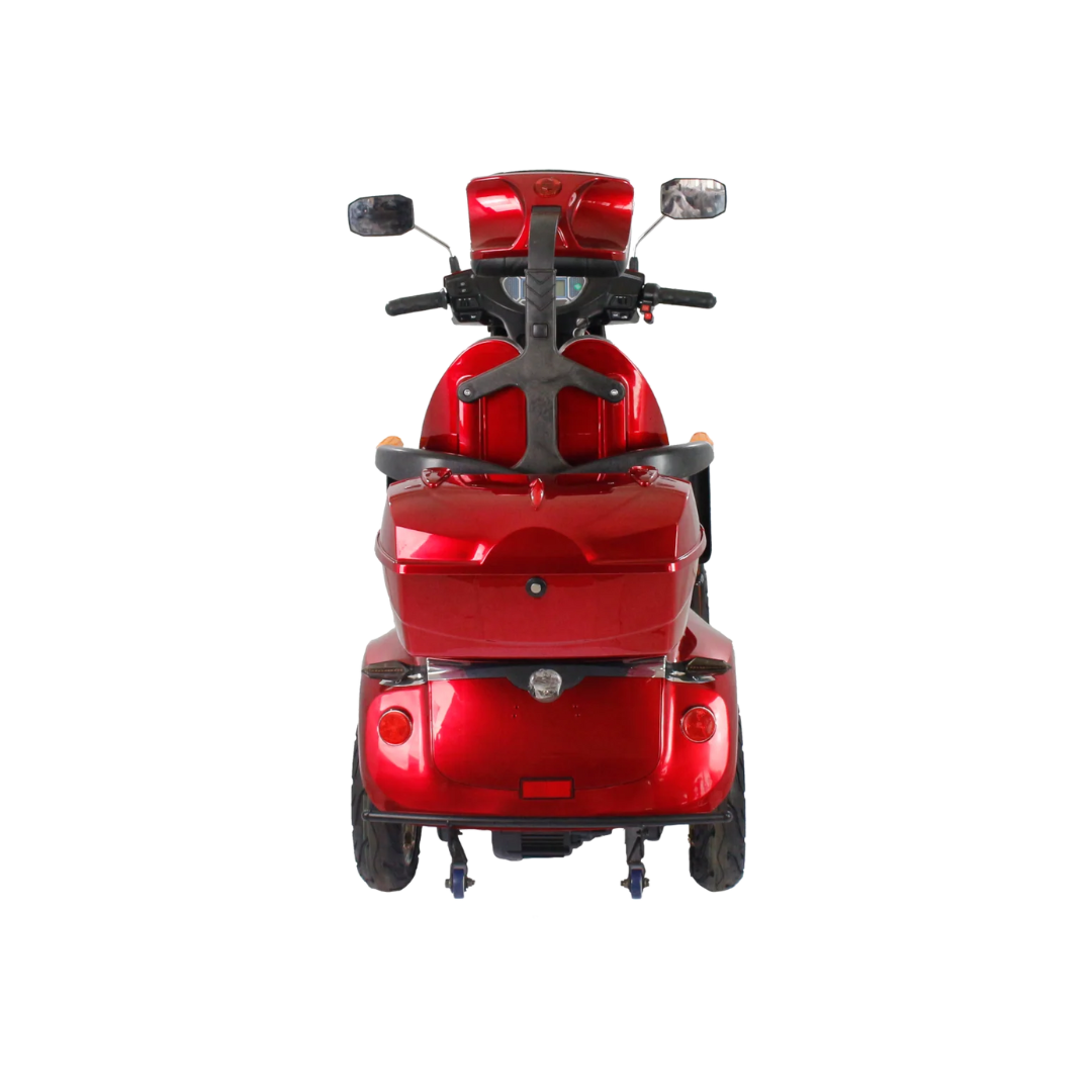 The GIO Tron Pro, a red mobility scooter seen from the rear, features an adjustable seat with armrests, dual side mirrors, and four-wheel stability, isolated on a white background.
